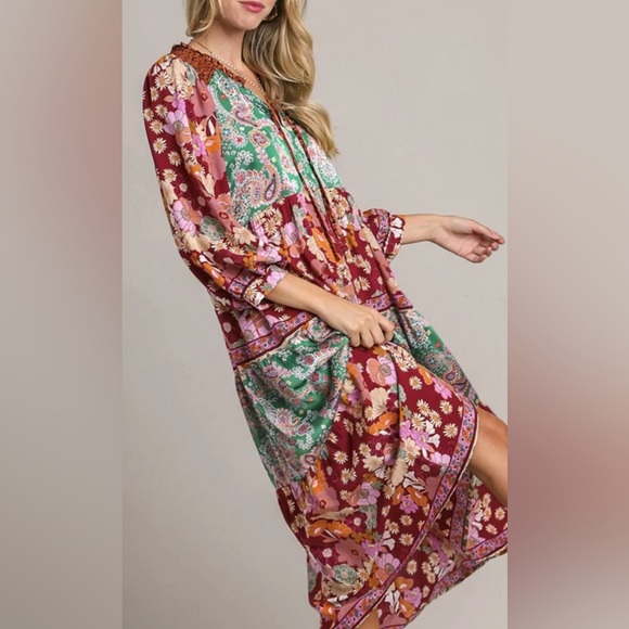 NWT Umgee Boutique Boho Hippy Floral Print Dress S - 2X green burgundy mix - Picture 5 of 15